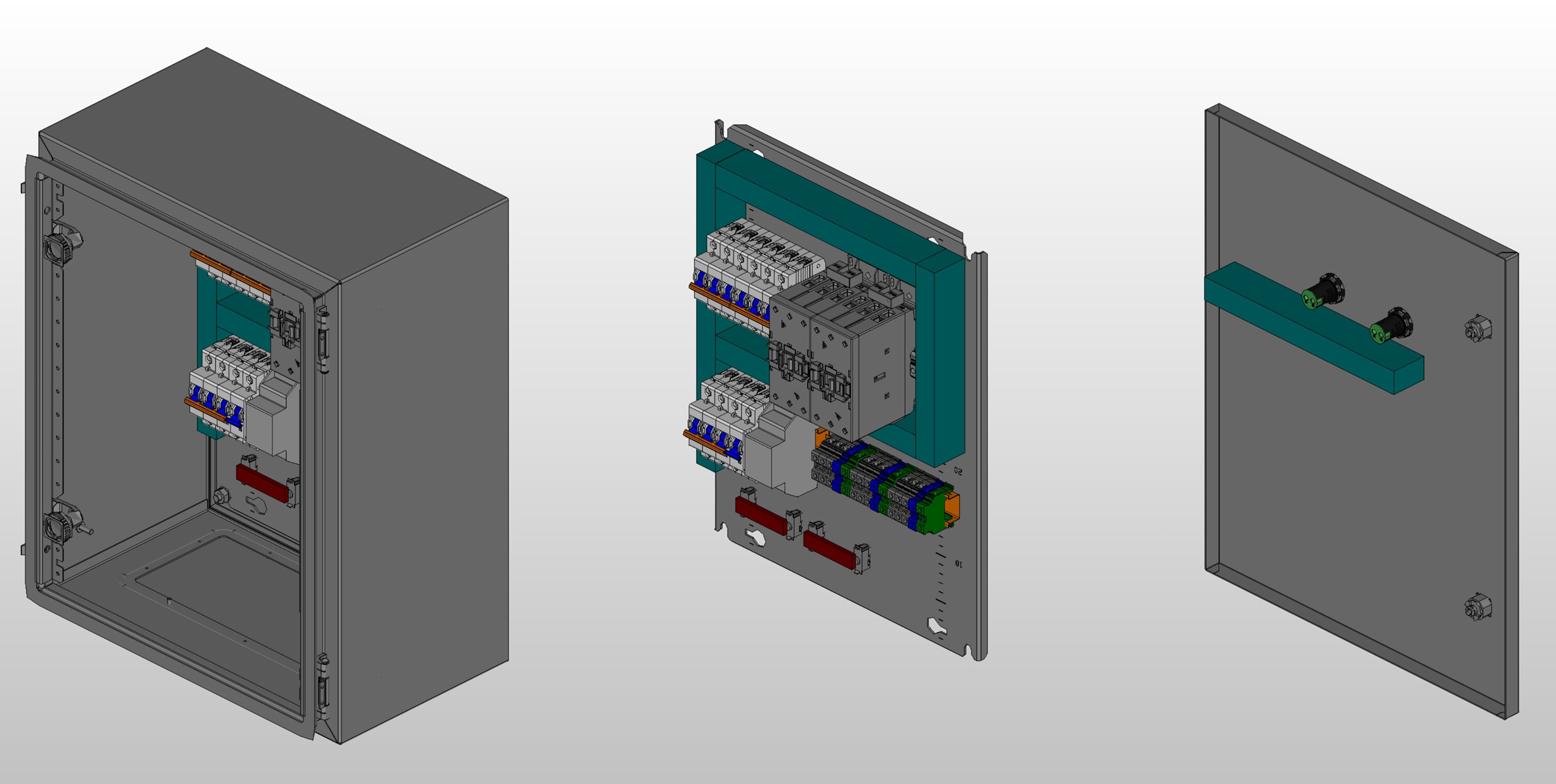3D вид шкафа АВР на 25А, на контакторах GEYA с 2 вводами