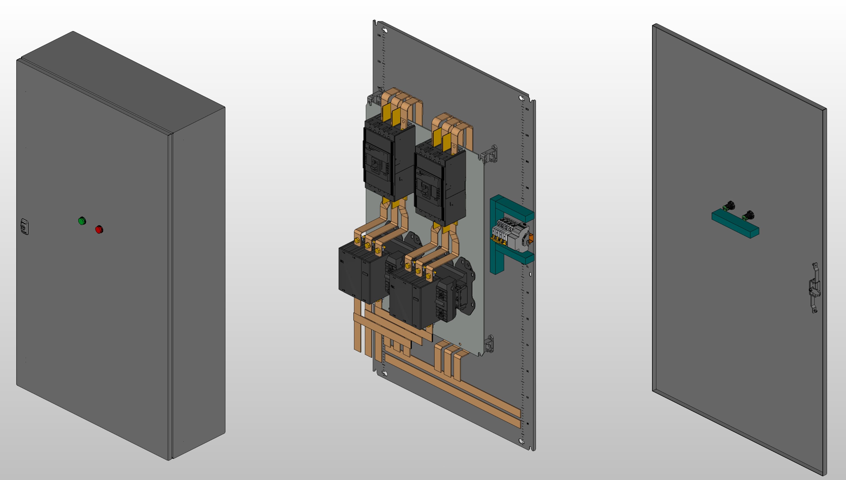 3D вид шкафа АВР на 315А, на контакторах IEK с 2 вводами