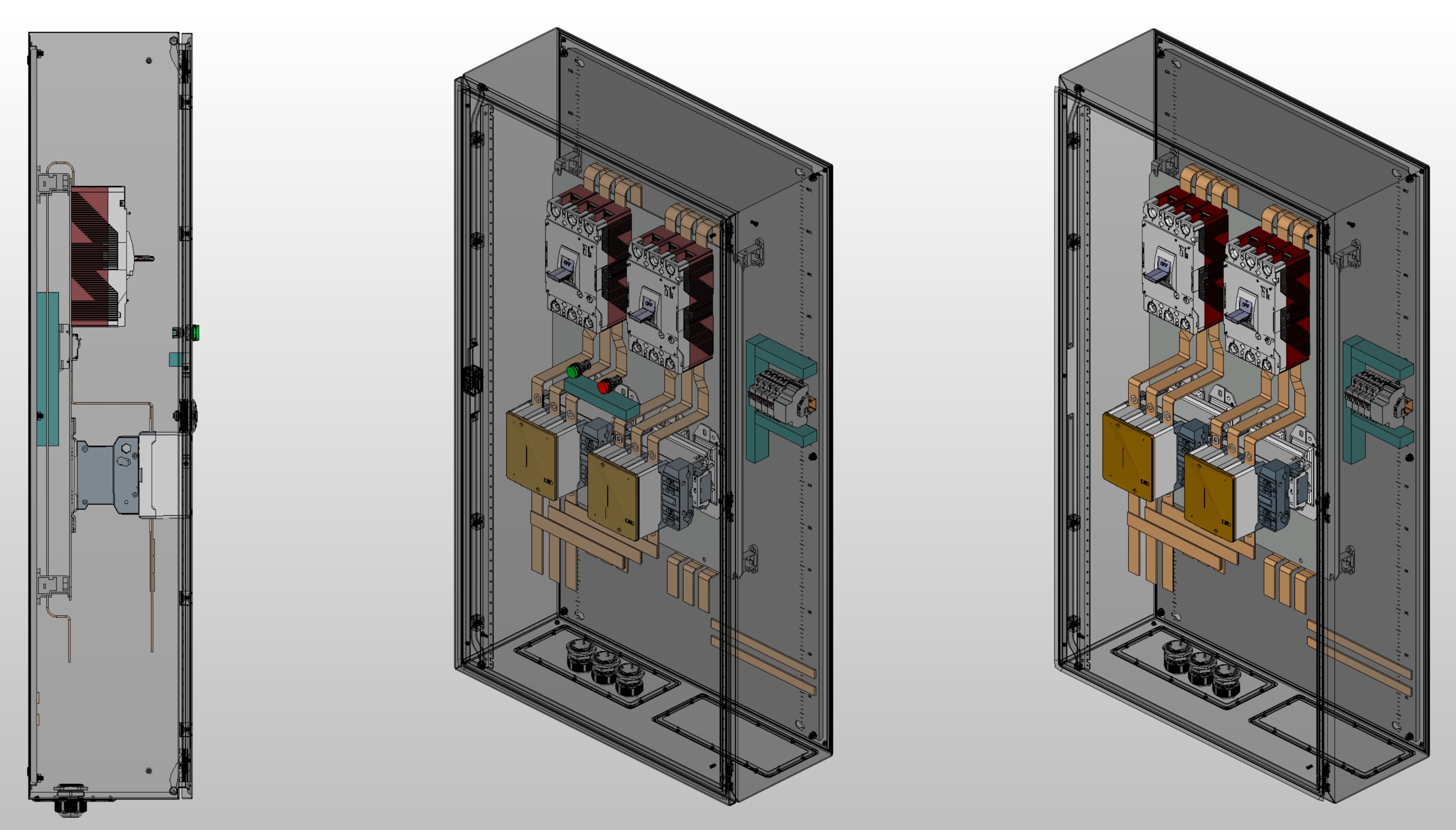 3D вид шкафа АВР на 320А, на контакторах DKC с 2 вводами