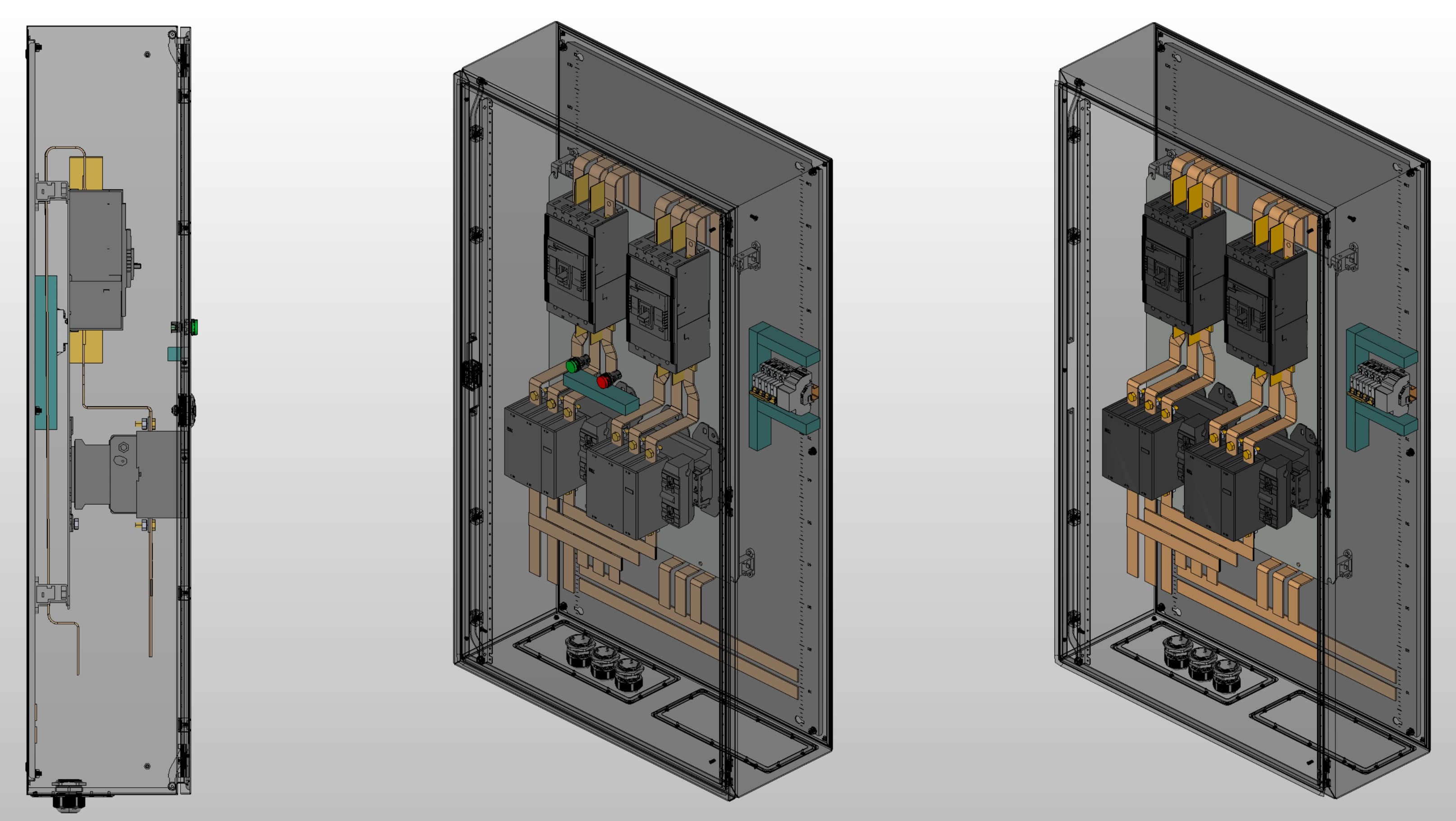 3D вид шкафа АВР на 320А, на контакторах IEK с 2 вводами