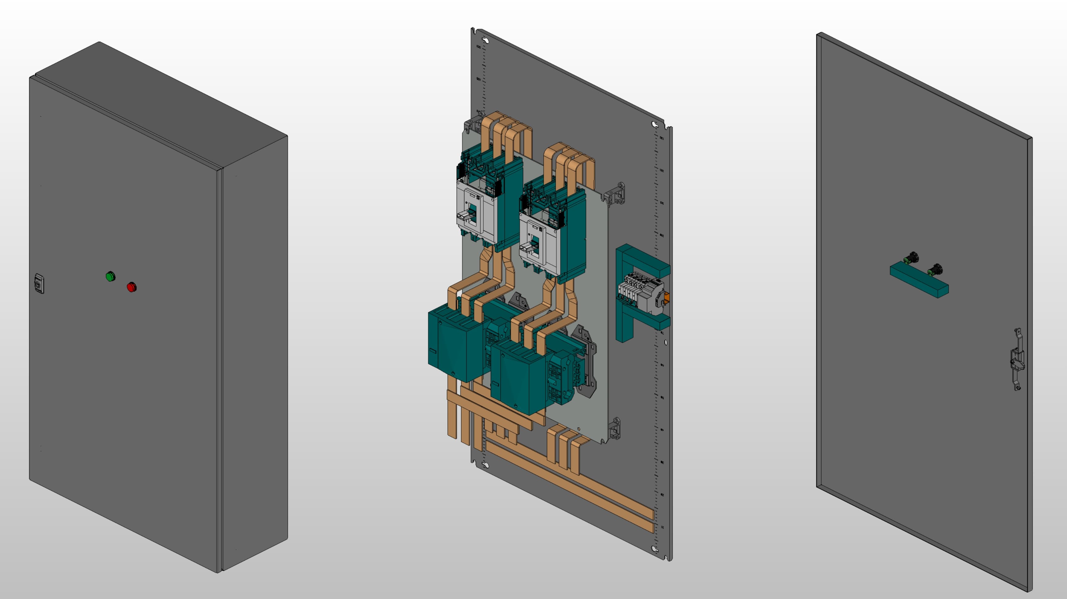 3D вид шкафа АВР на 320А, на контакторах Systeme Electric с 2 вводами
