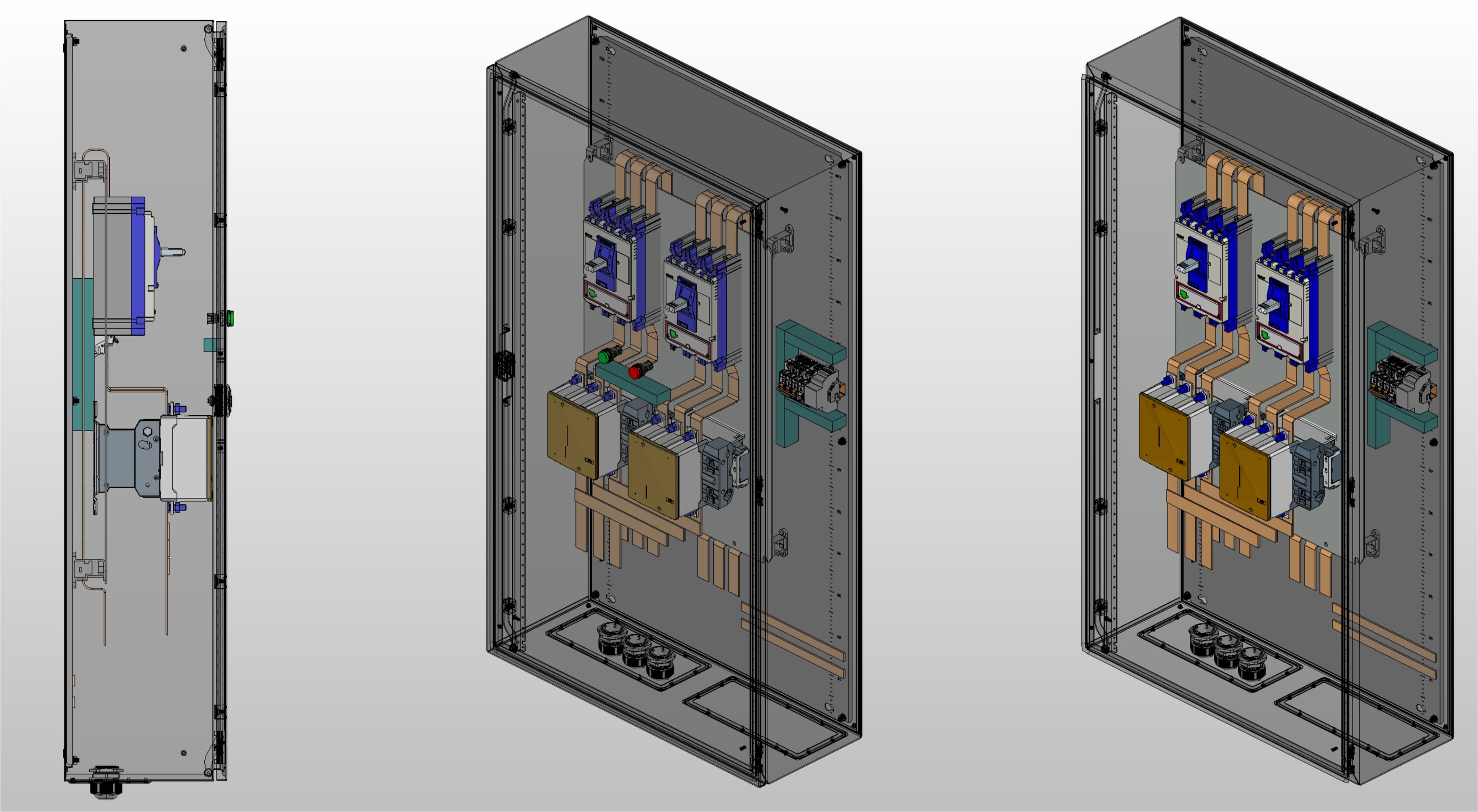 3D вид шкафа АВР на 350А, на контакторах Andeli с 2 вводами