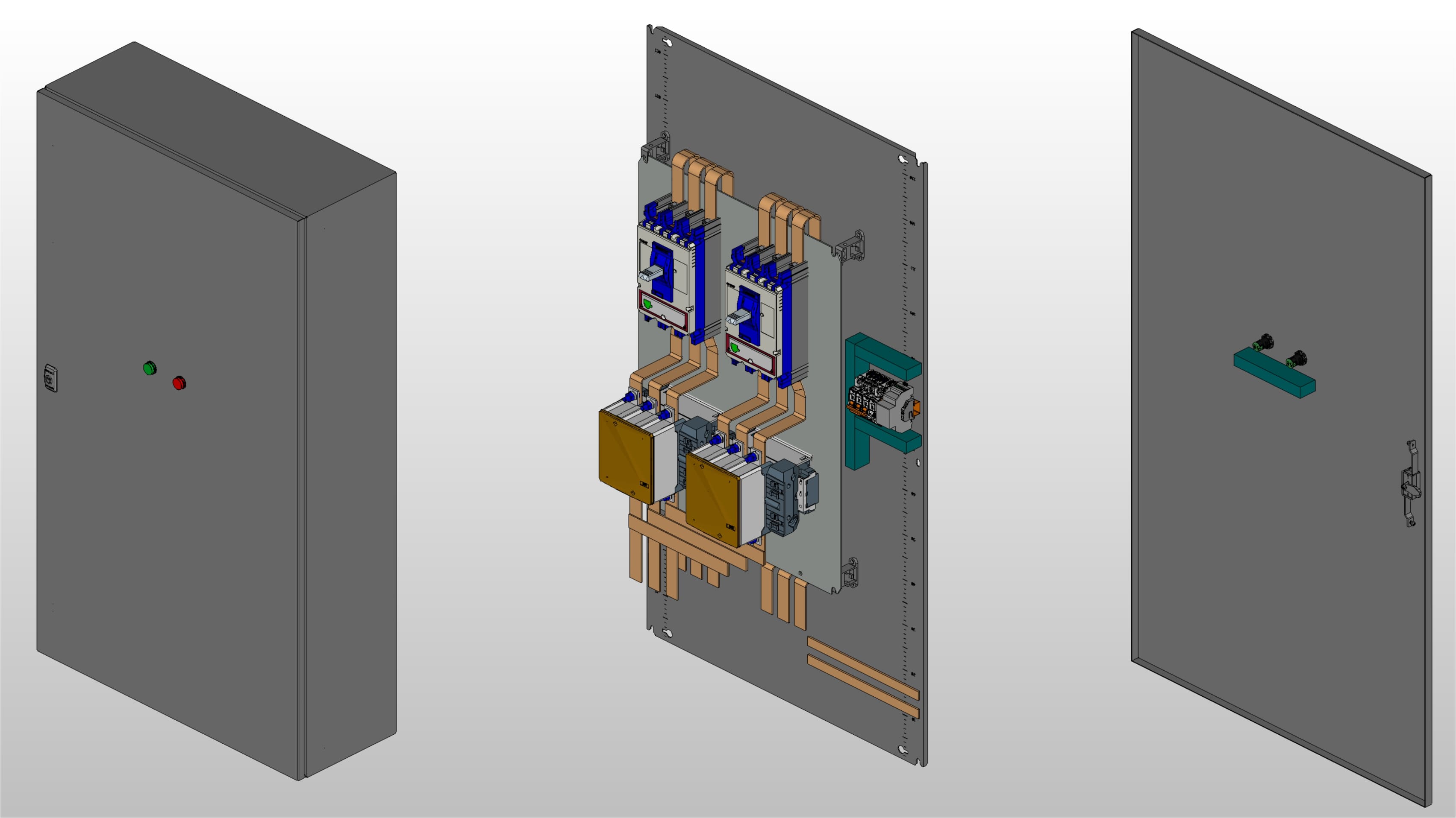 3D вид шкафа АВР на 350А, на контакторах Andeli с 2 вводами