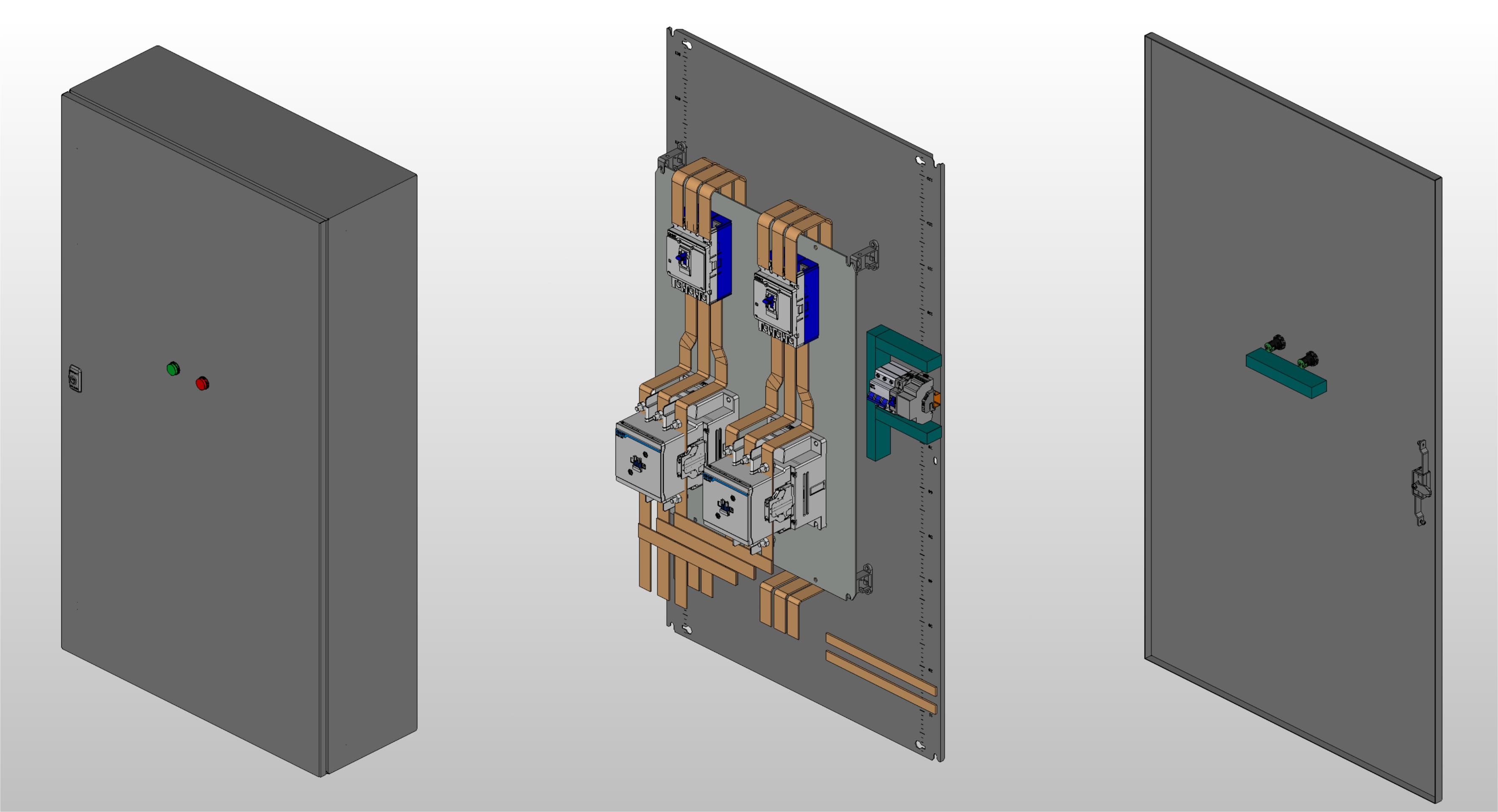 3D вид шкафа АВР на 350А, на контакторах CHINT с 2 вводами
