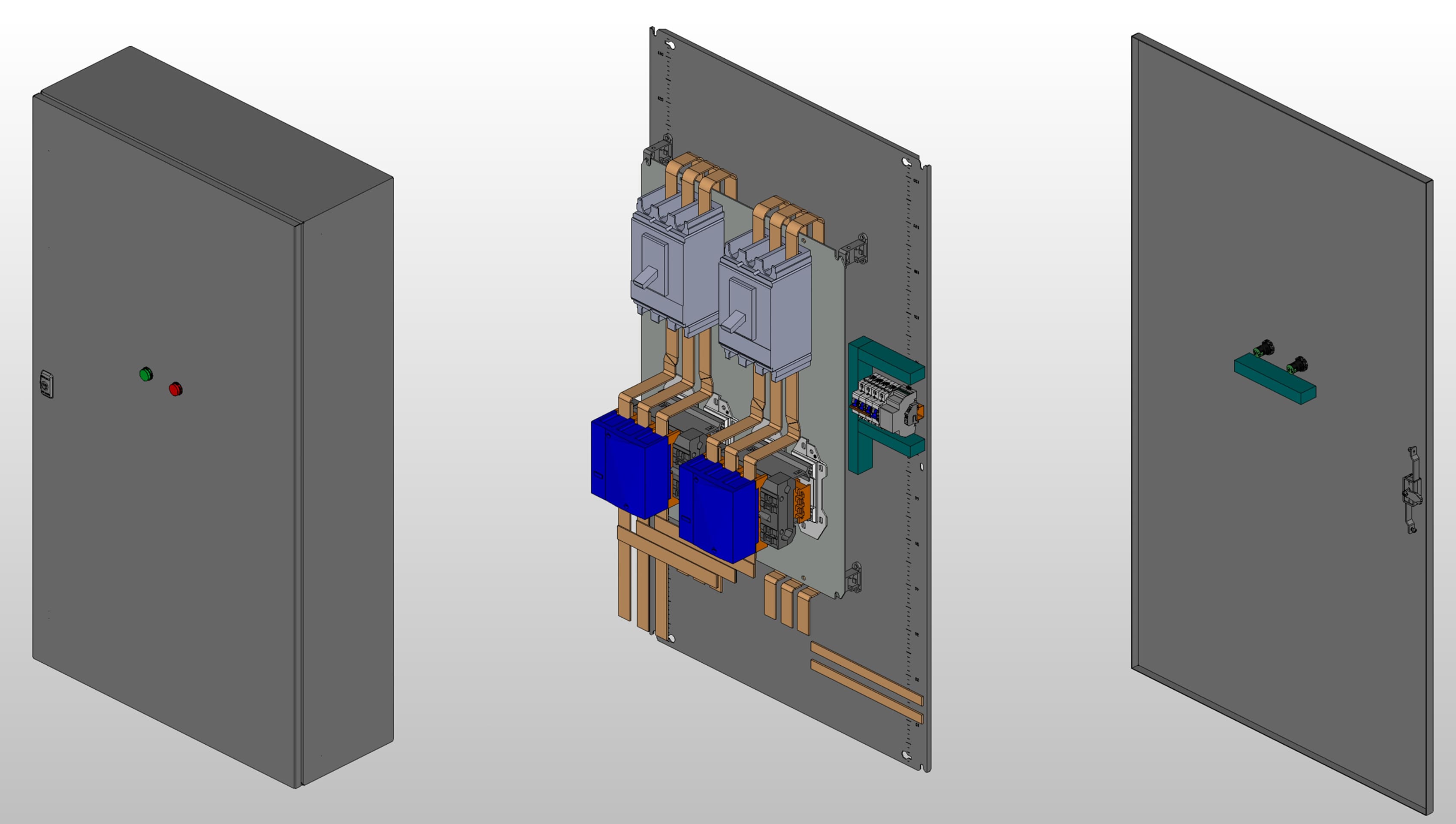 3D вид шкафа АВР на 400А, на контакторах КЭАЗ с 2 вводами