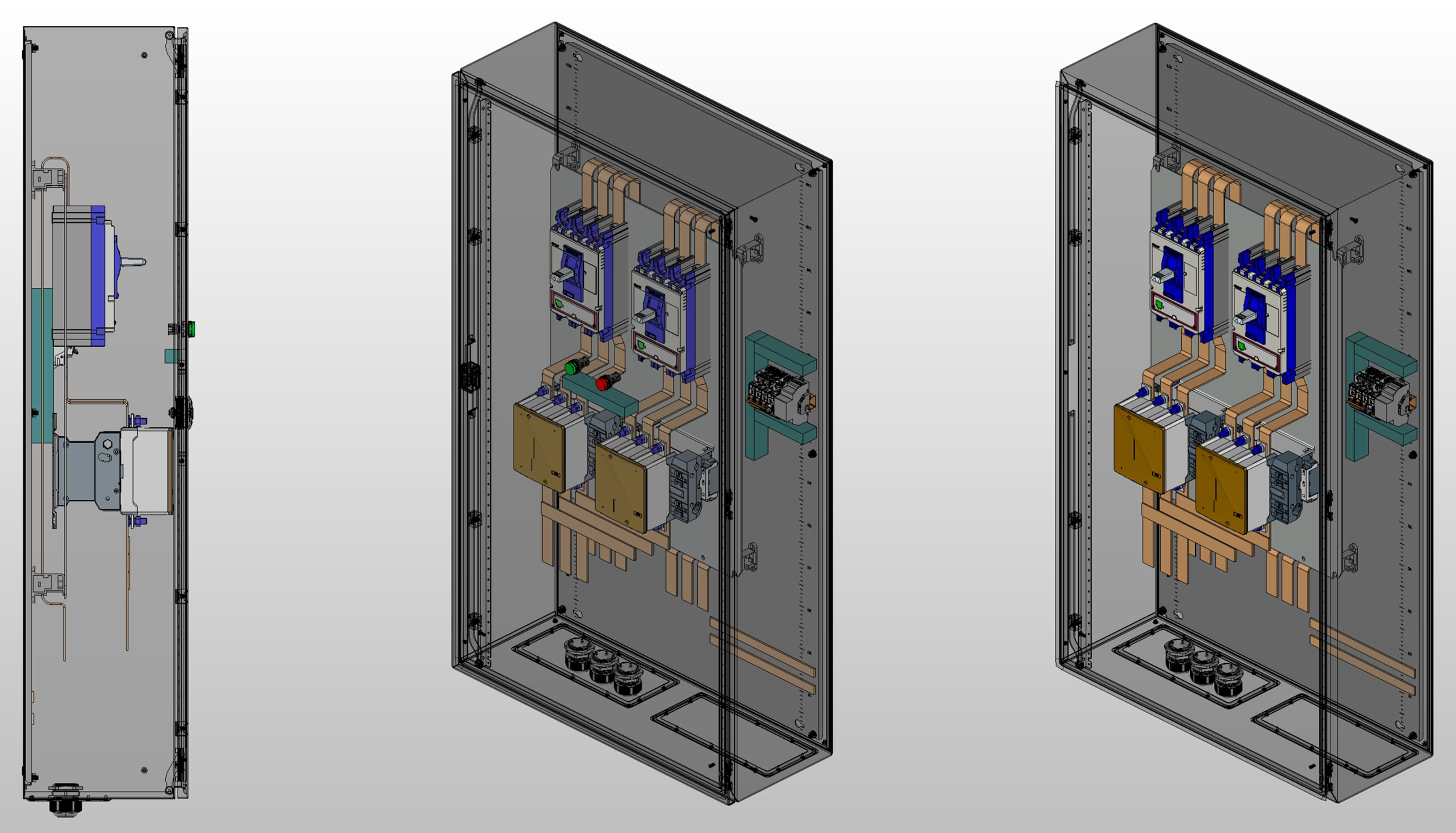 3D вид шкафа АВР на 400А, на контакторах LS с 2 вводами