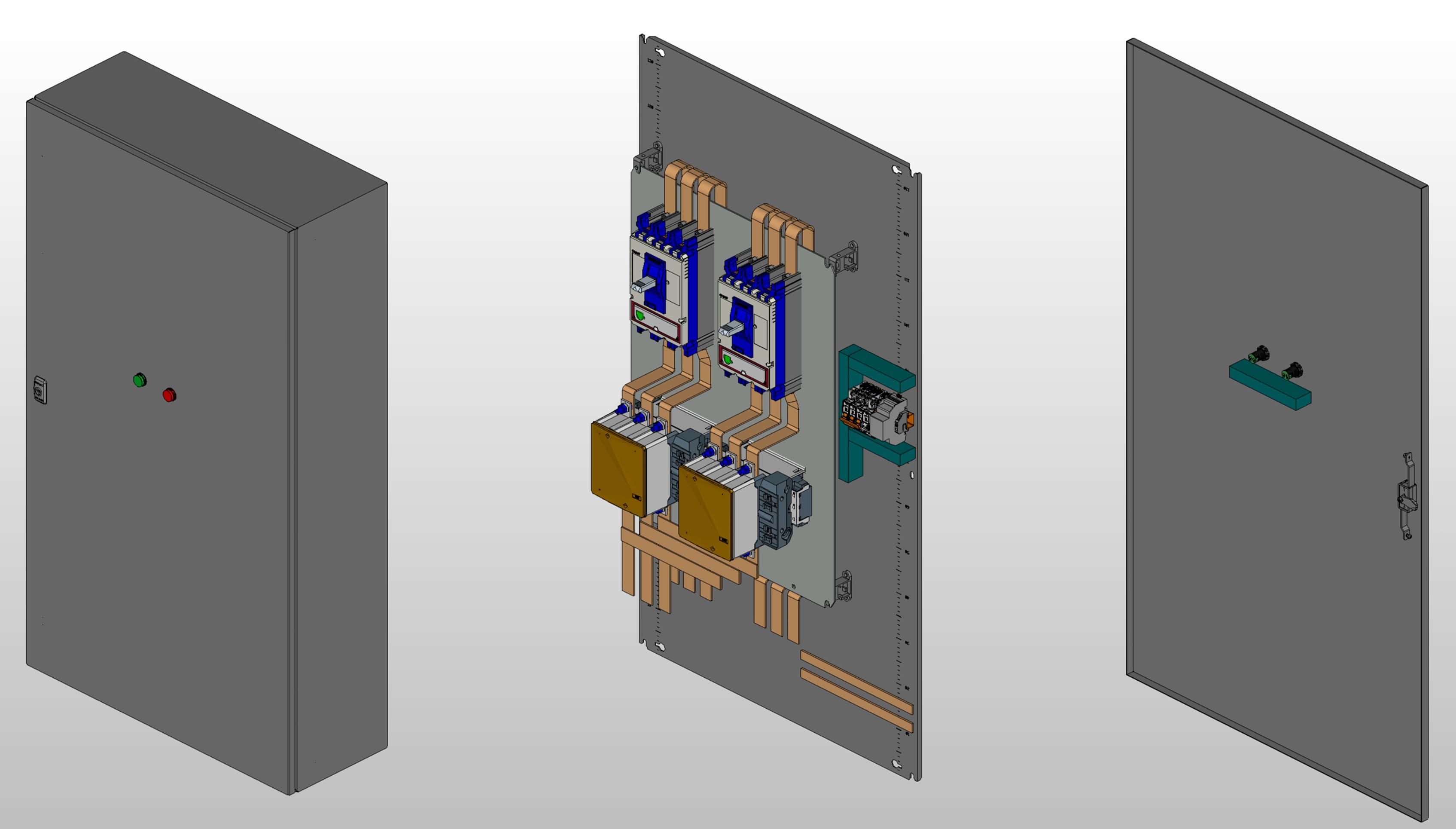 3D вид шкафа АВР на 400А, на контакторах LS с 2 вводами