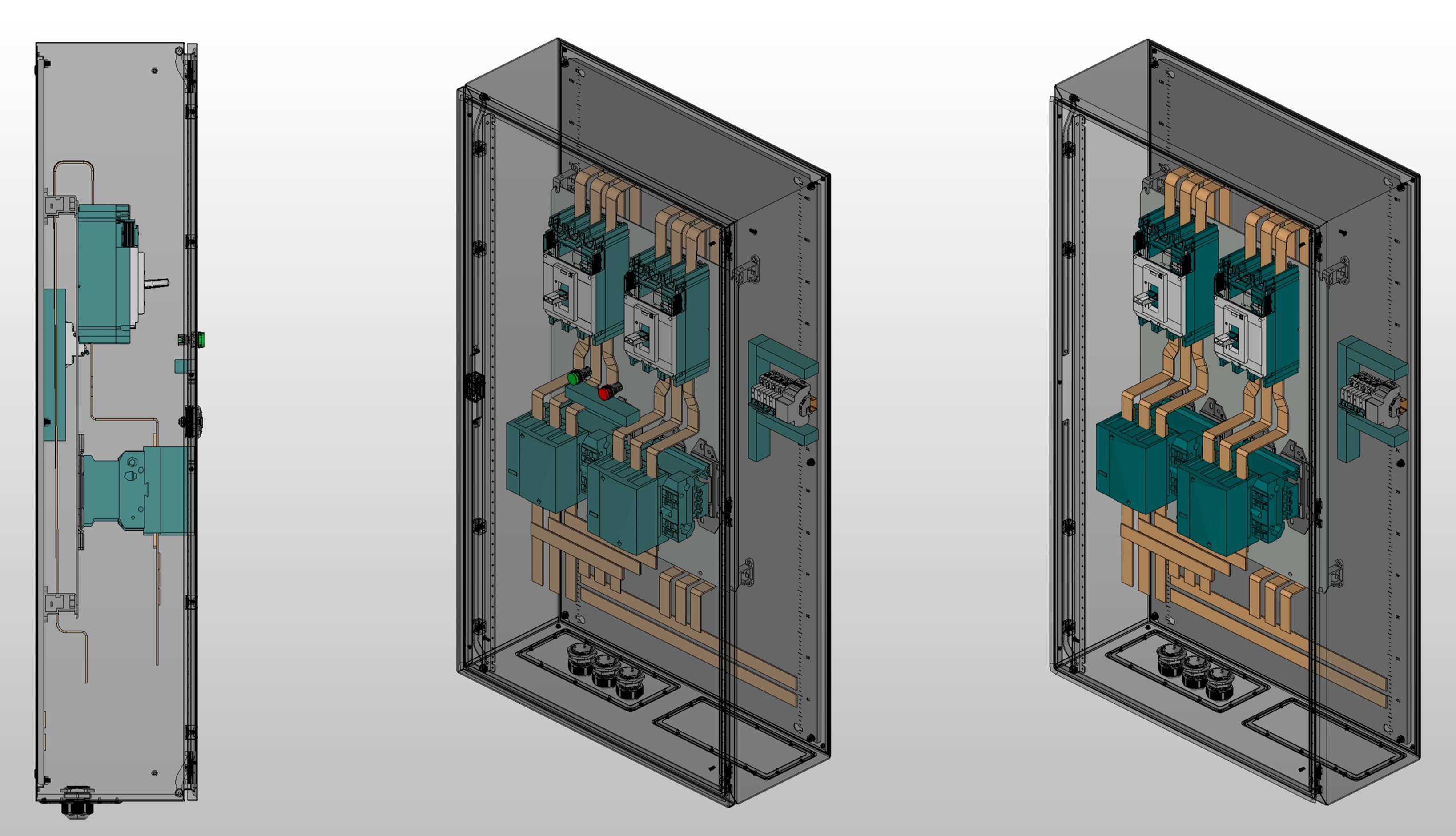 3D вид шкафа АВР на 400А, на контакторах Systeme Electric с 2 вводами