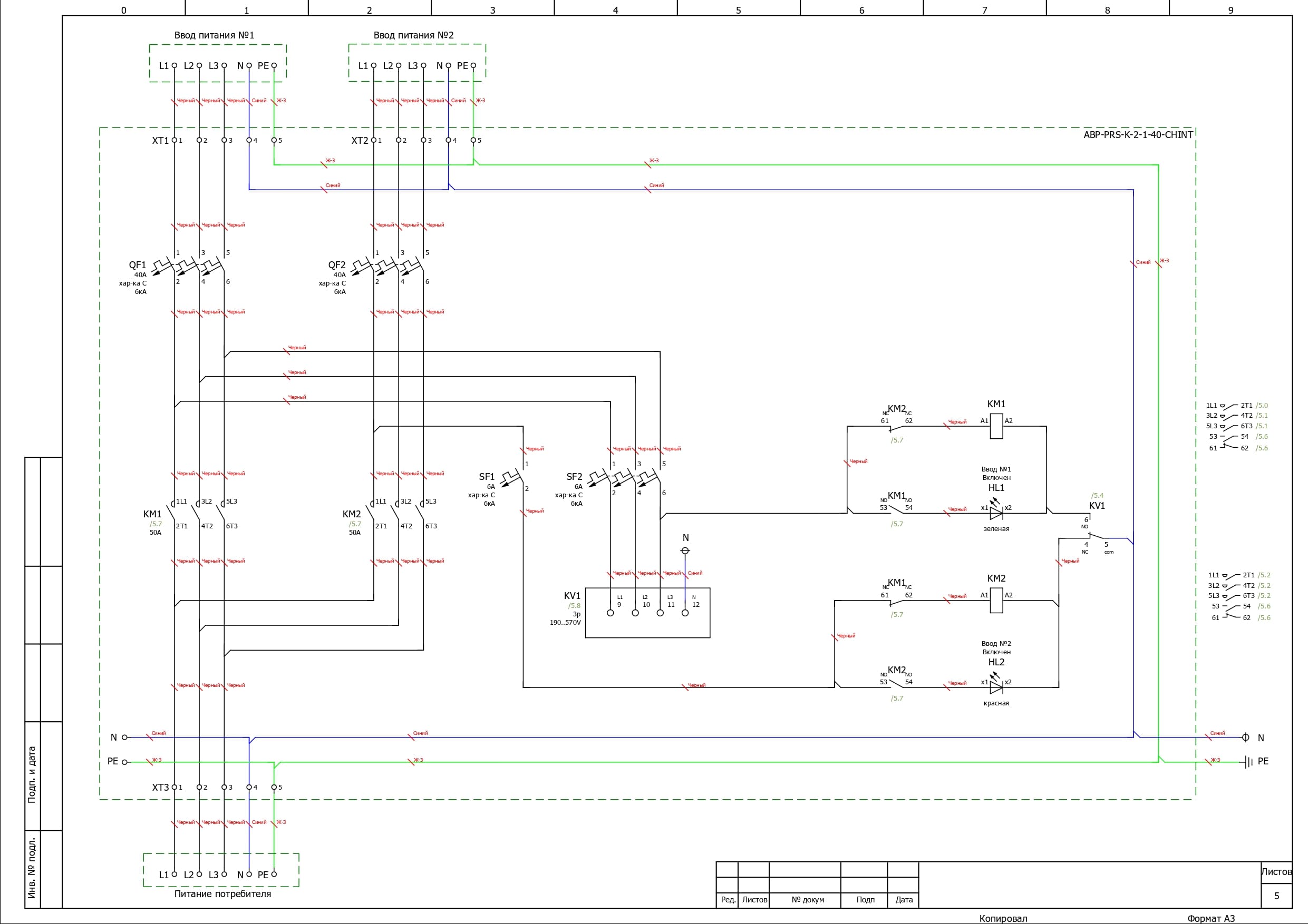 Электрическая схема шкафа АВР на 40А, на контакторах CHINT, 2 ввода