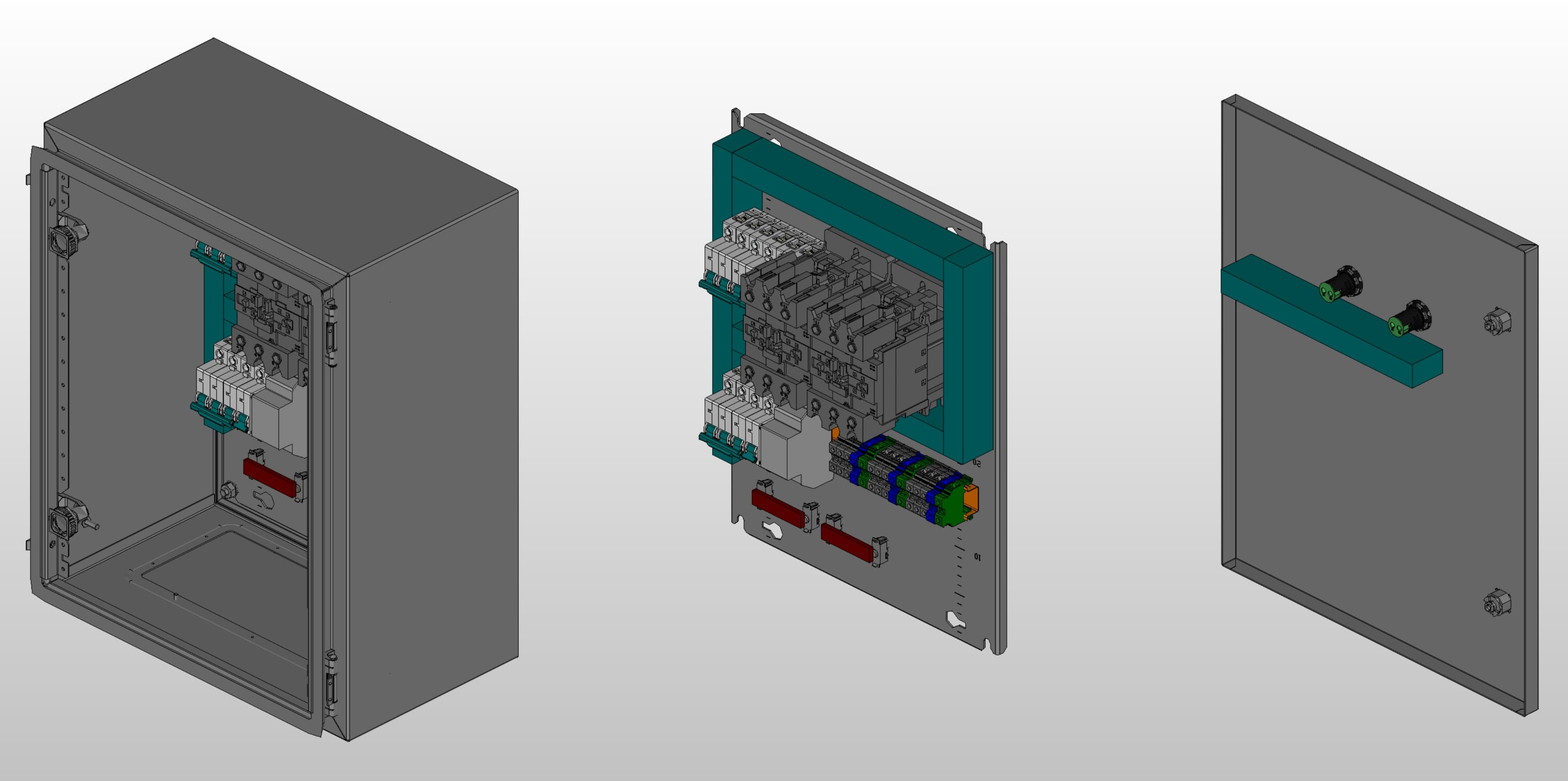 3D вид шкафа АВР на 40А, на контакторах Systeme Electric с 2 вводами