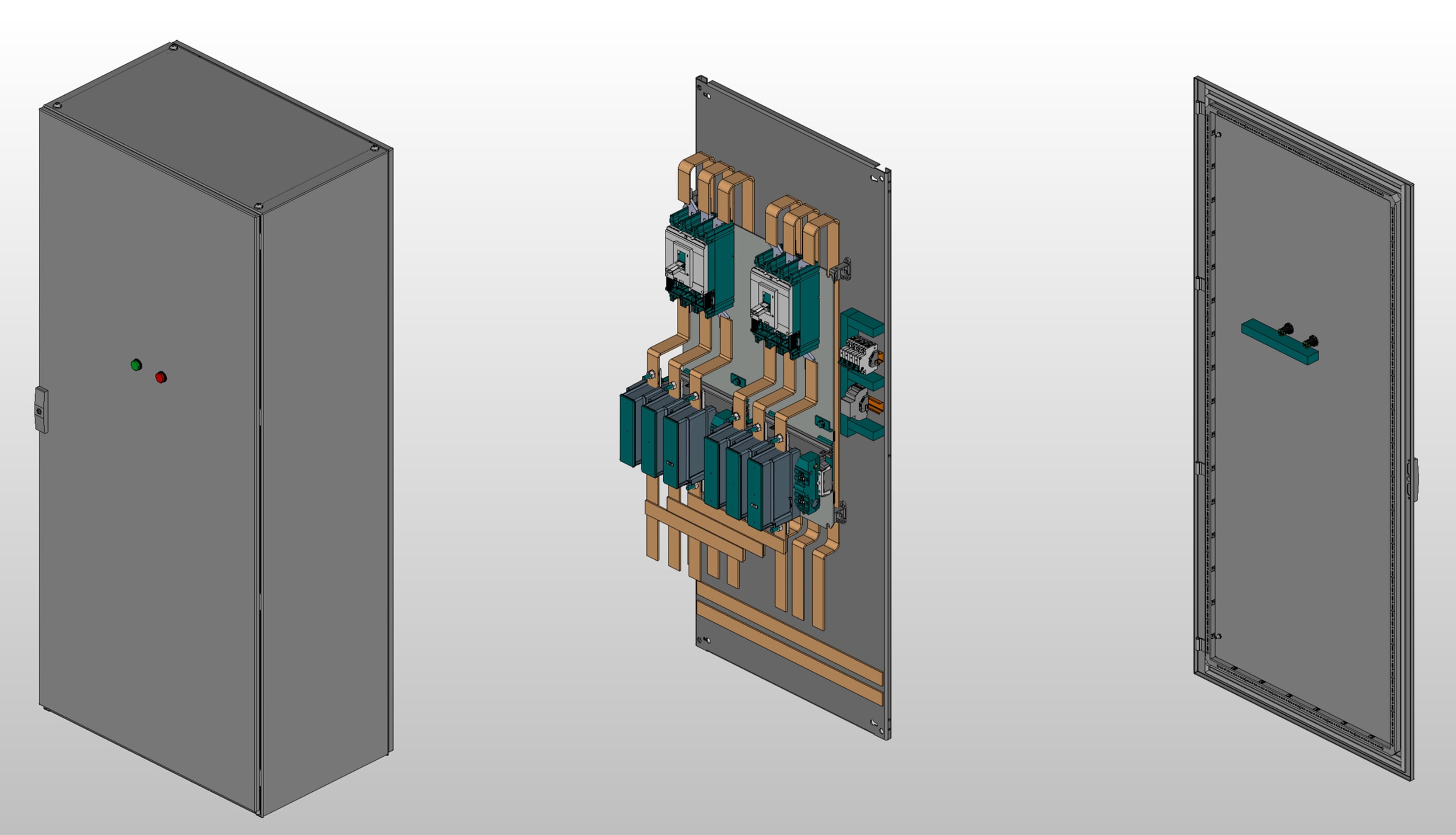 3D вид шкафа АВР на 600А, на контакторах Systeme Electric с 2 вводами