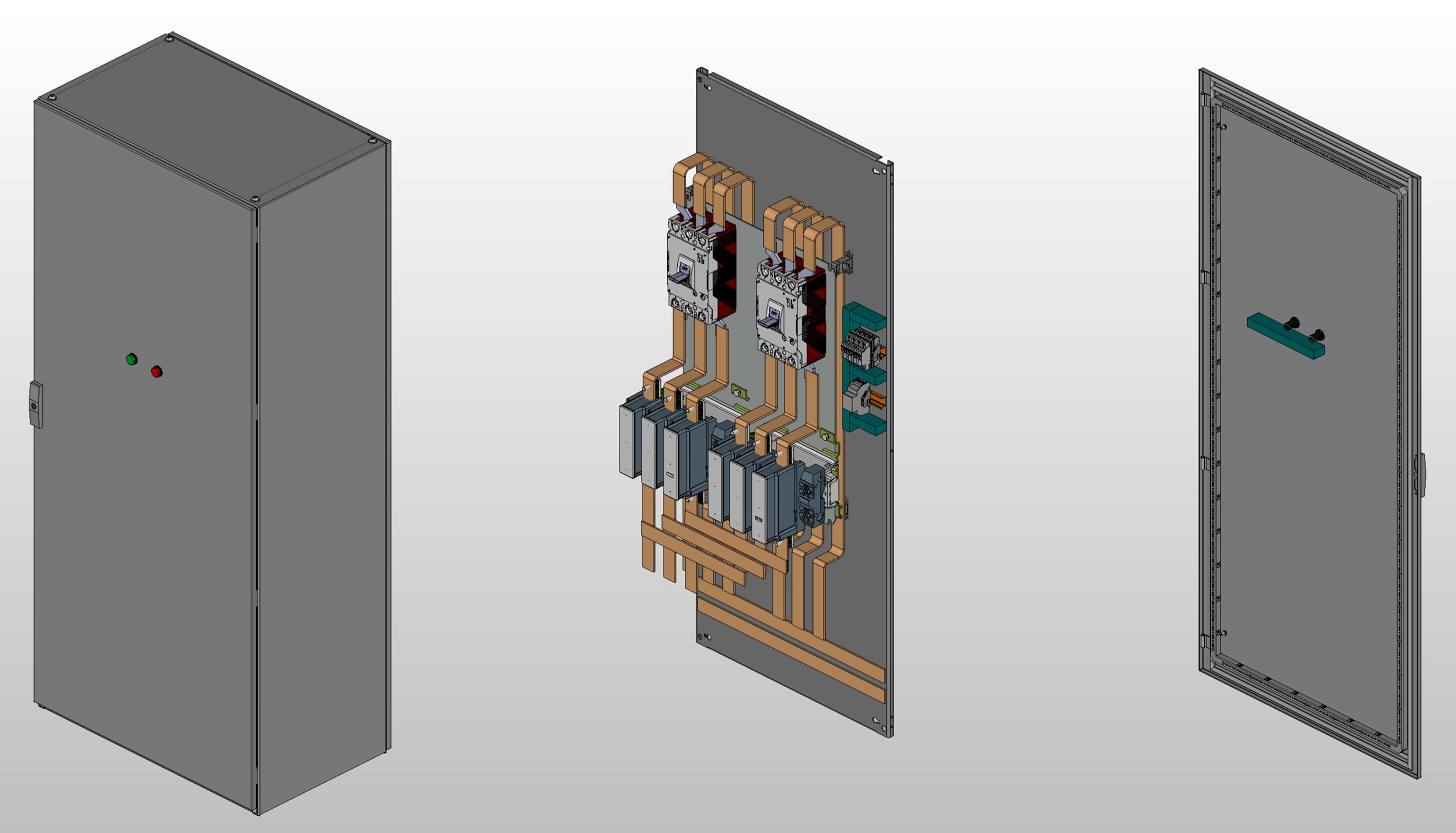 3D вид шкафа АВР на 630А, на контакторах EKF с 2 вводами