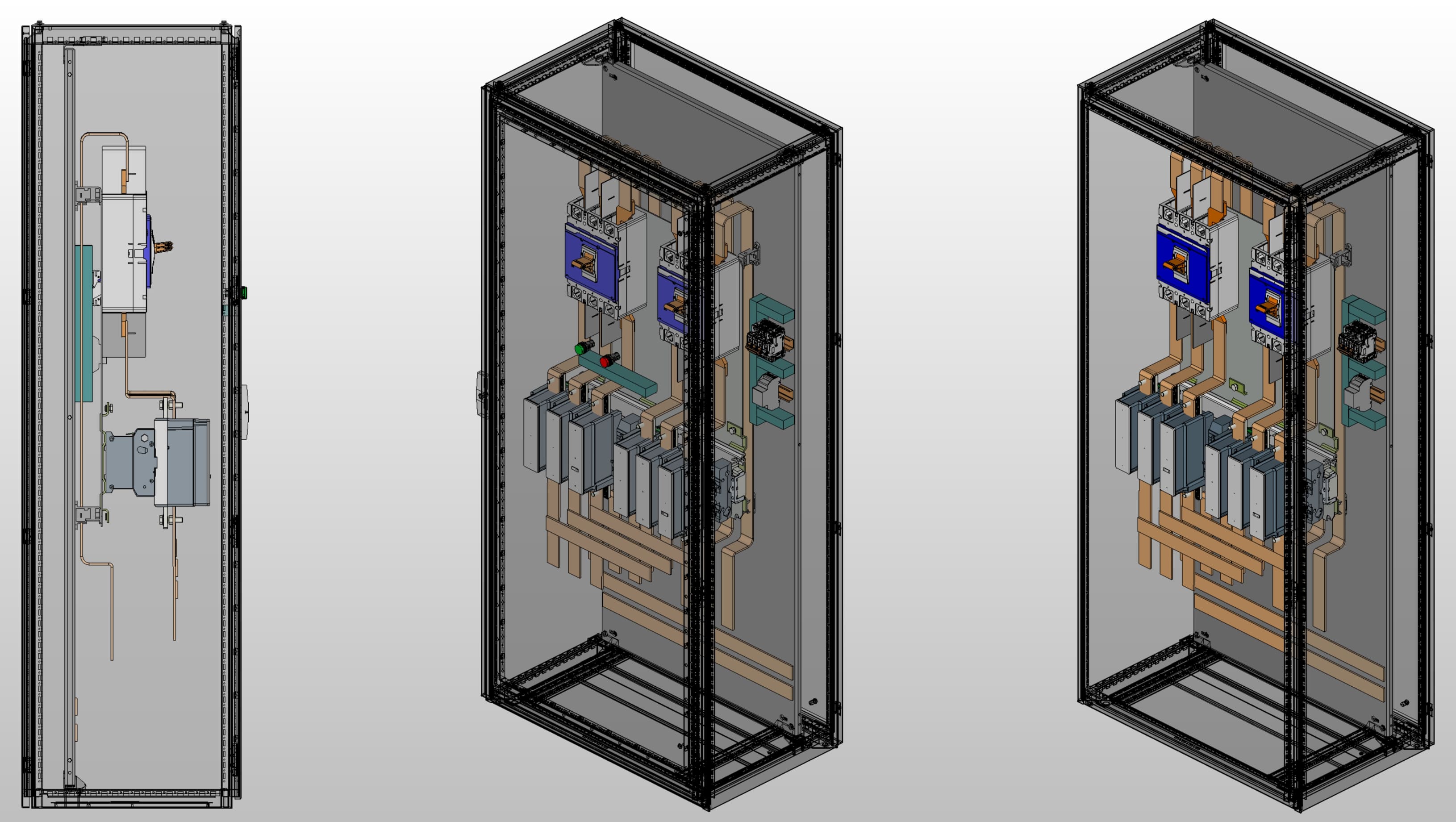 3D вид шкафа АВР на 630А, на контакторах LS с 2 вводами