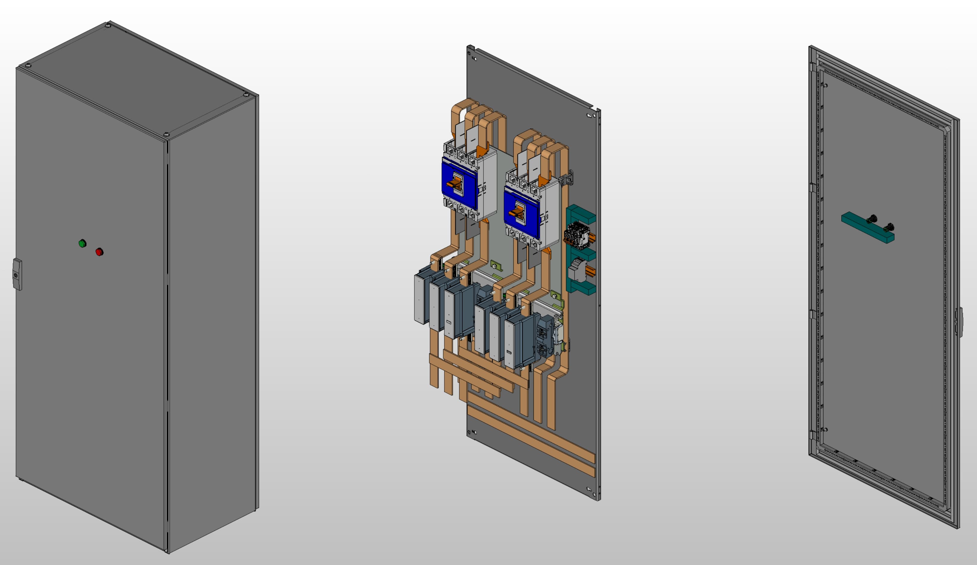 3D вид шкафа АВР на 630А, на контакторах LS с 2 вводами
