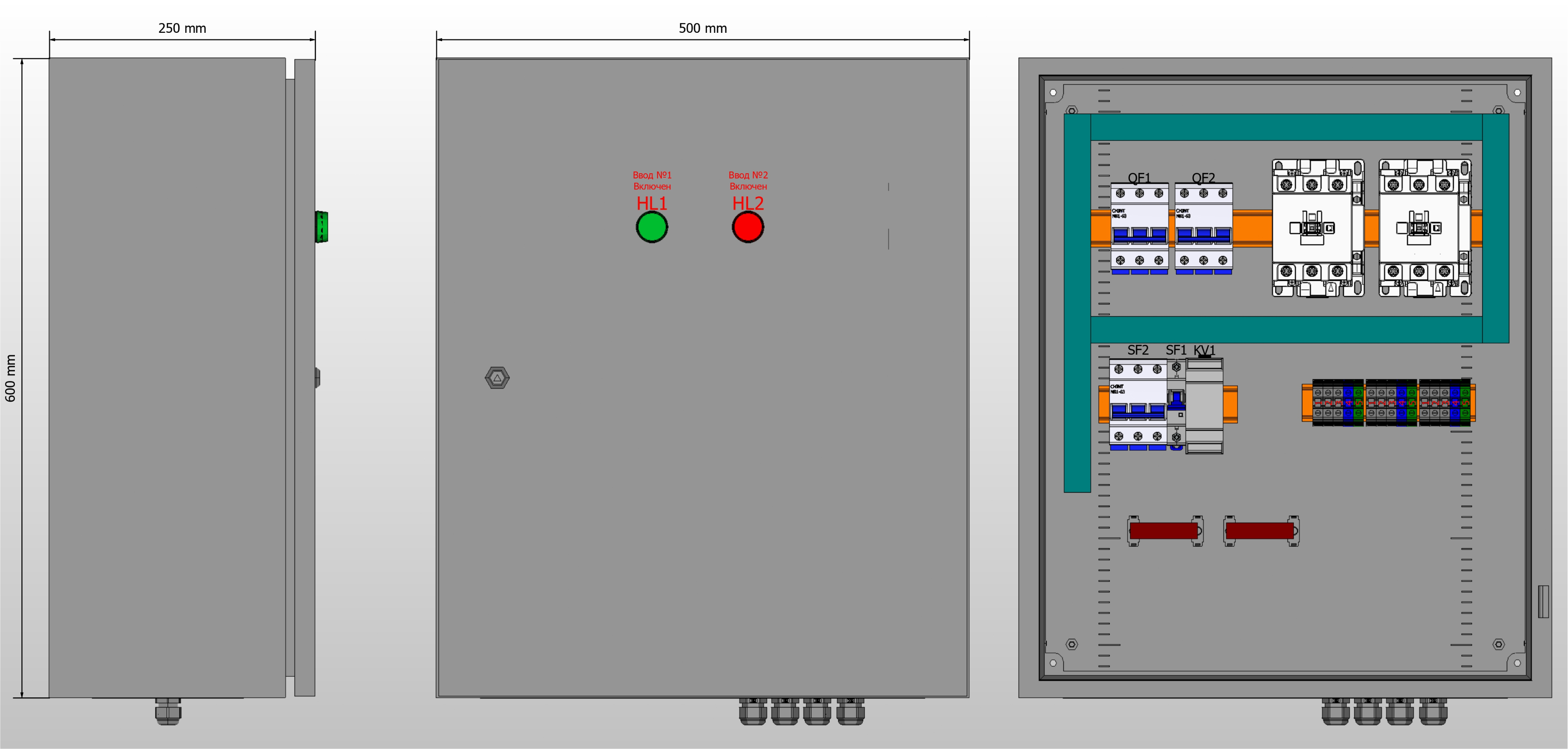 Габариты шкафа АВР на 63А, на контакторах CHINT с 2 вводами
