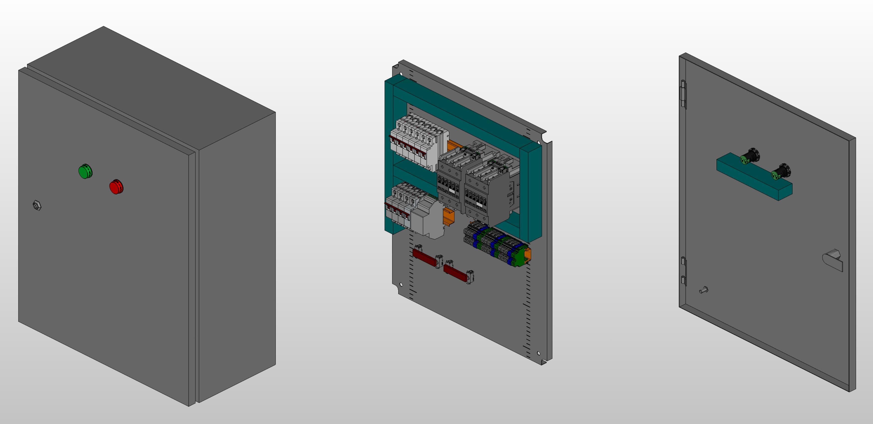 3D вид шкафа АВР на 63А, на контакторах DKC с 2 вводами