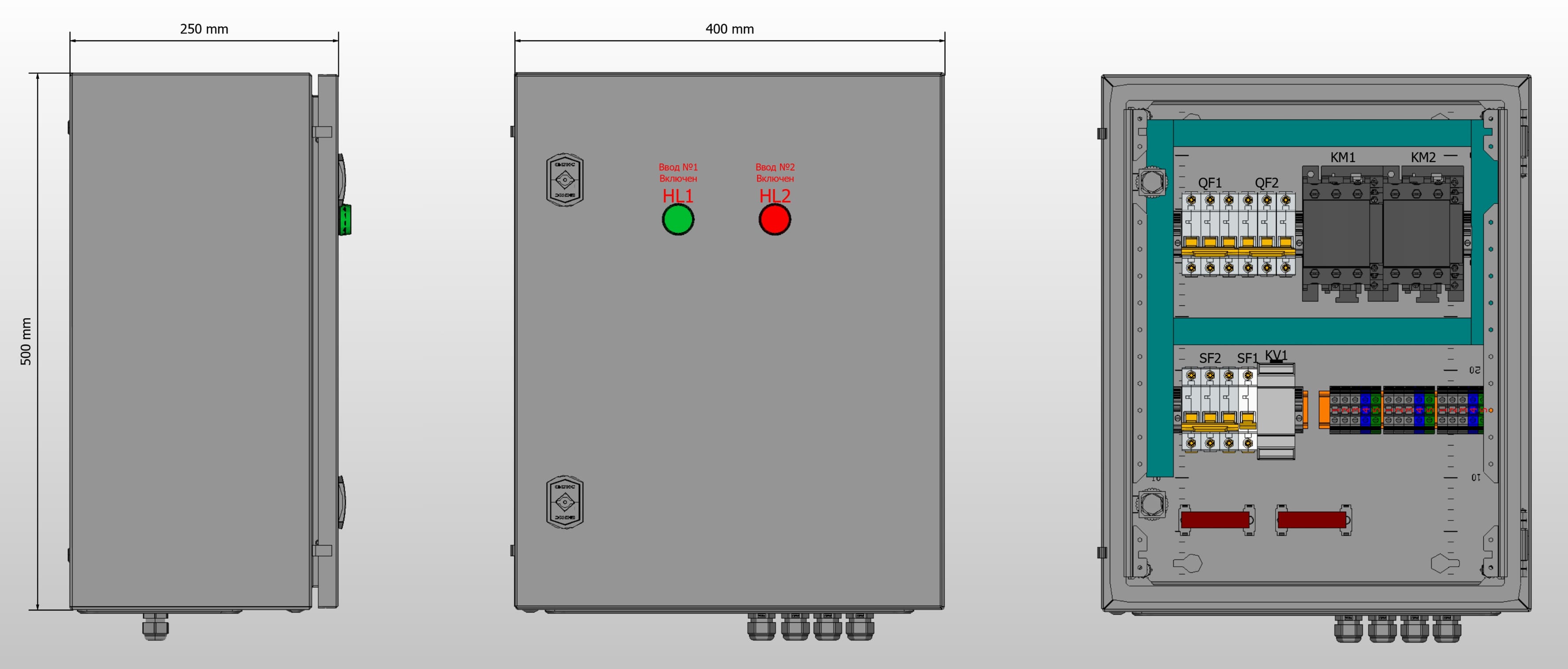 Габариты шкафа АВР на 63А, на контакторах IEK с 2 вводами