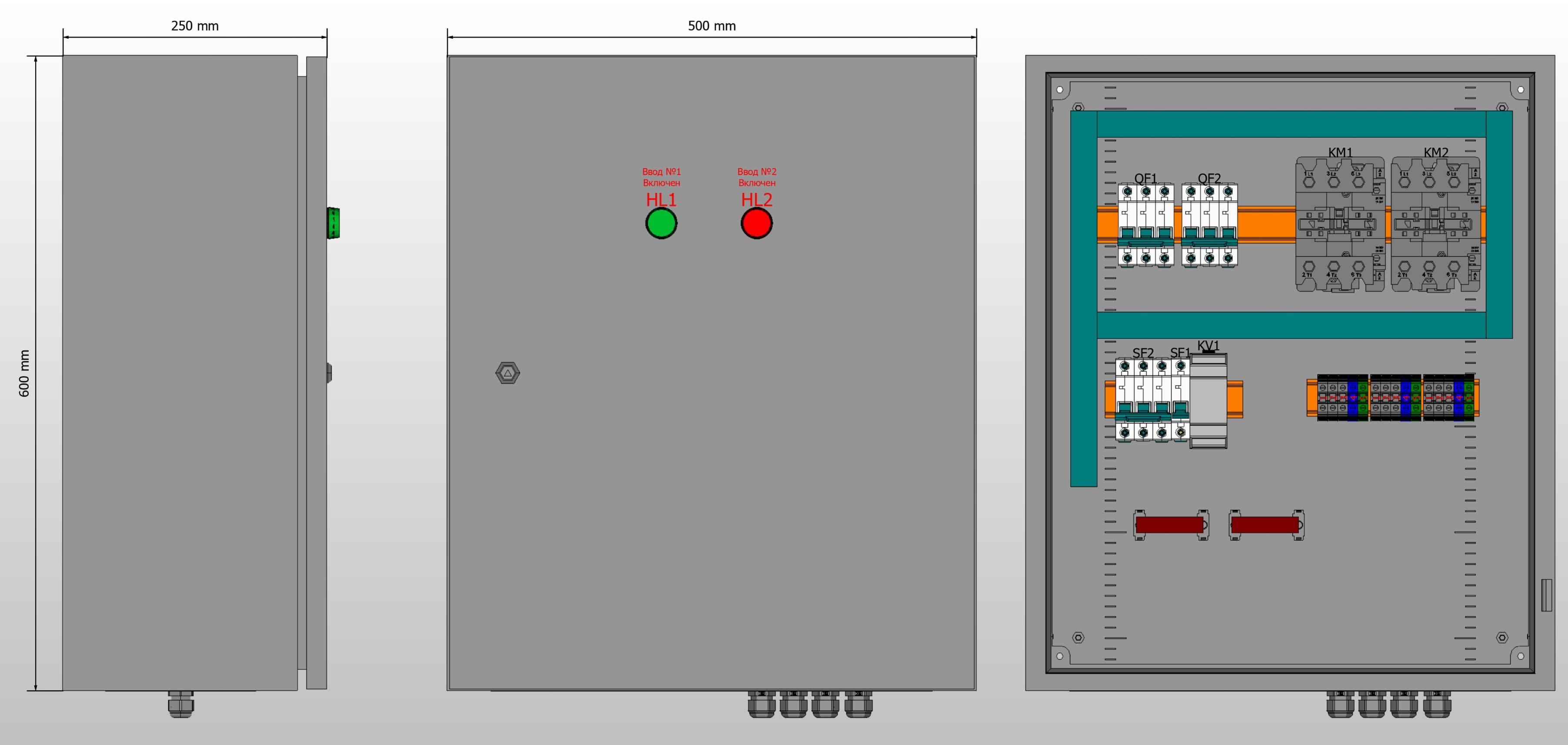 Габариты шкафа АВР на 63А, на контакторах Systeme Electric с 2 вводами
