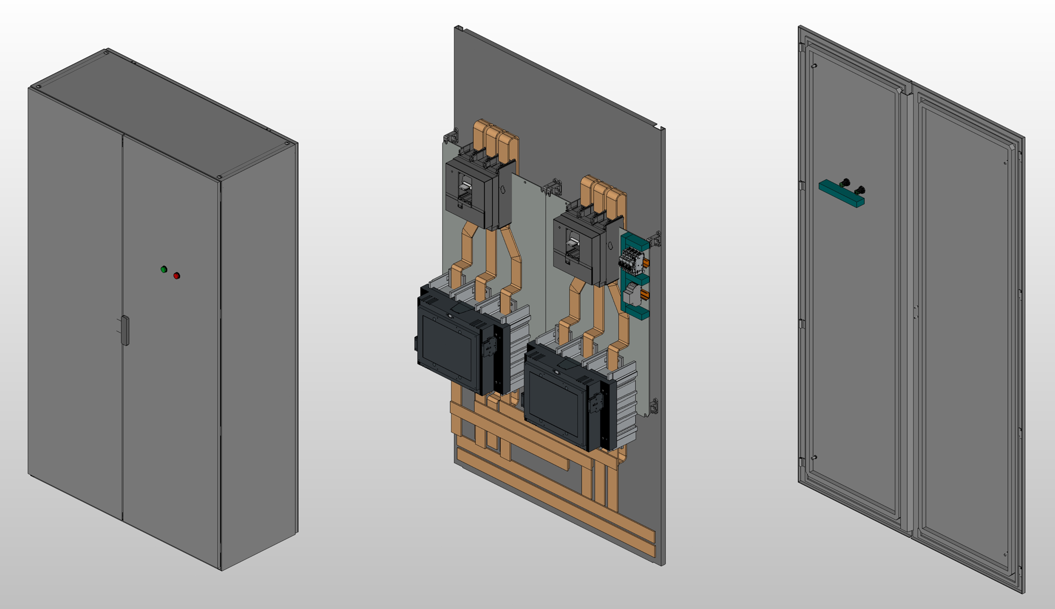 3D вид шкафа АВР на 630А, на контакторах ABB с 2 вводами