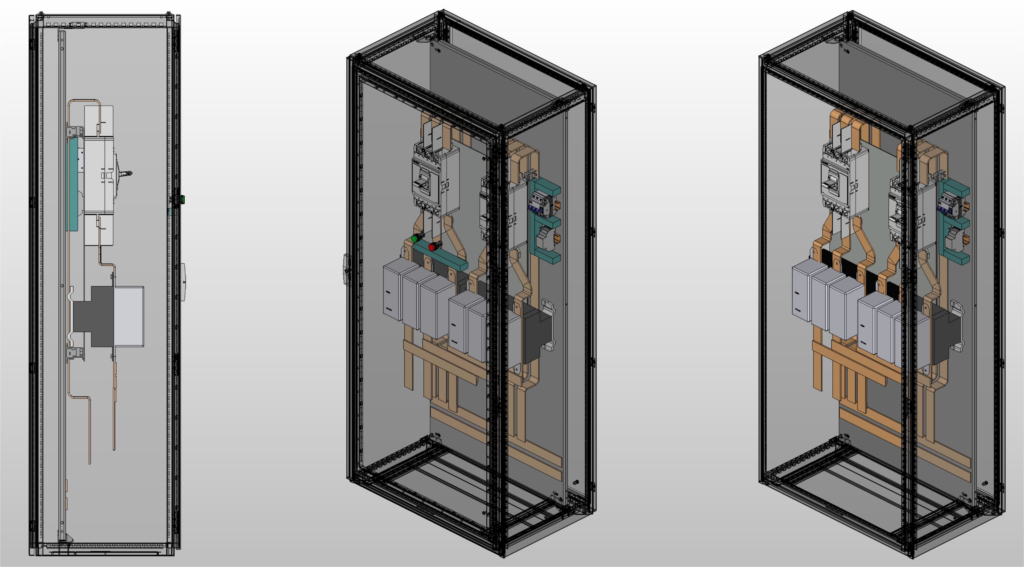 3D вид шкафа АВР на 350А, на контакторах CHINT с 2 вводами