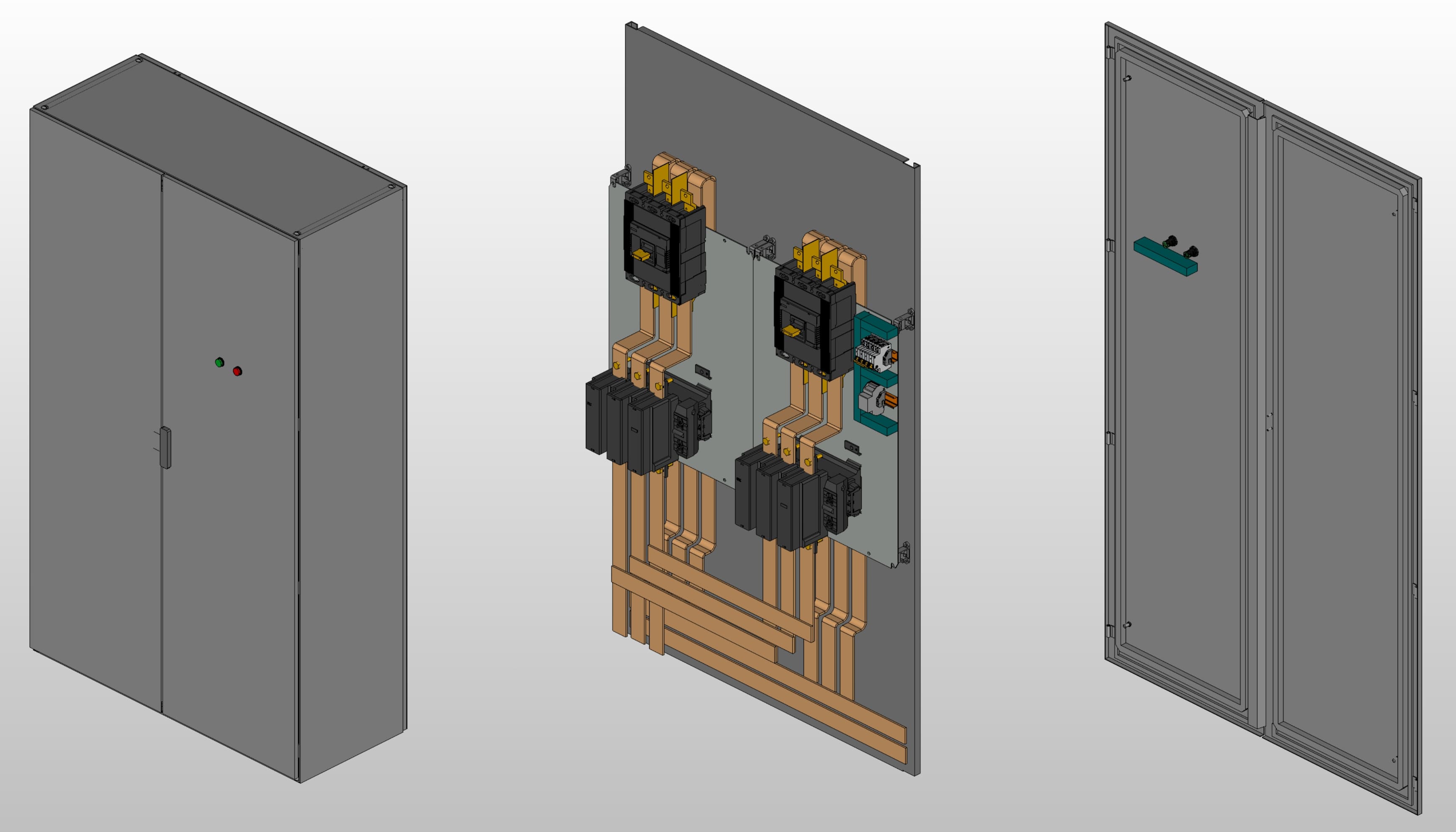 3D вид шкафа АВР на 800А, на контакторах IEK с 2 вводами