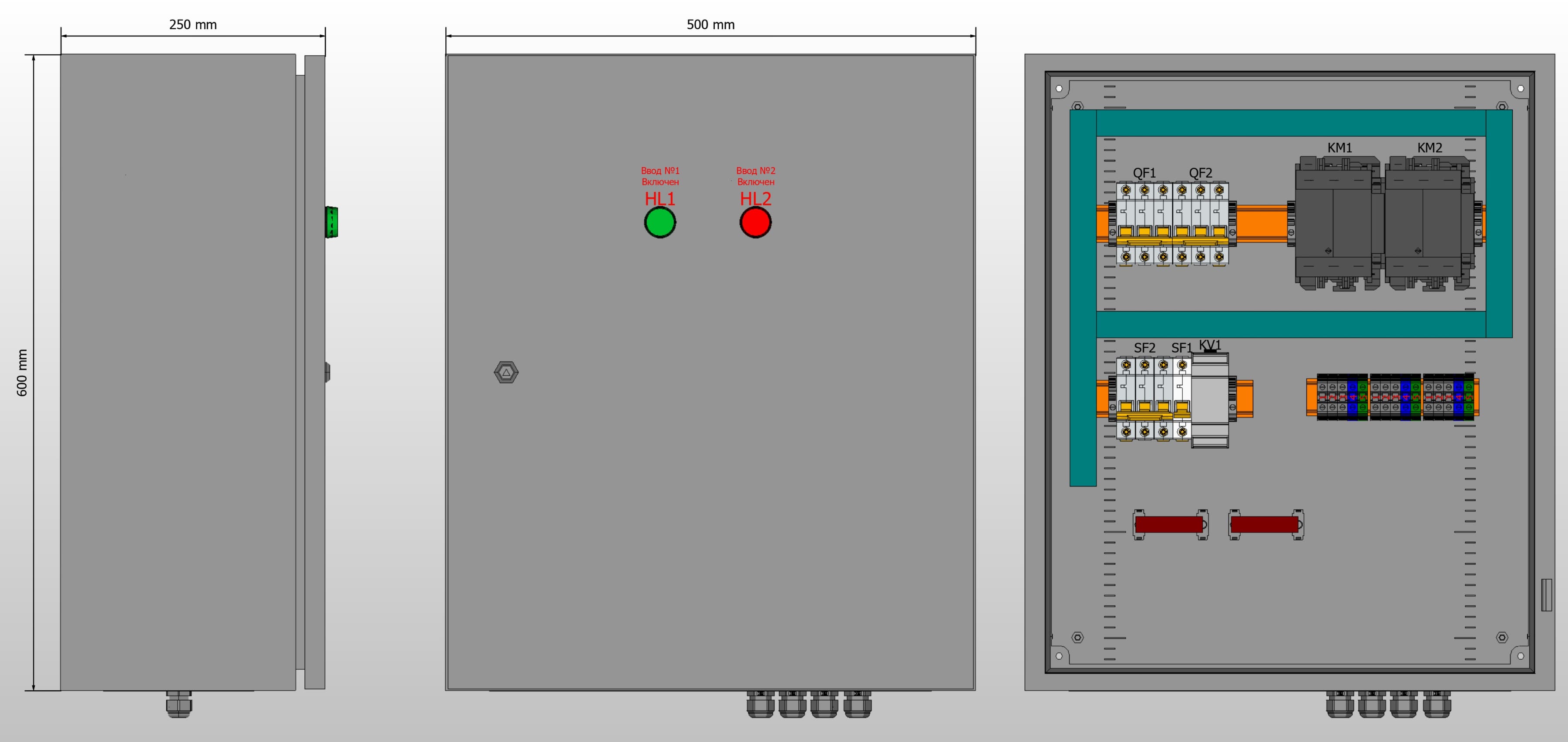 Габариты шкафа АВР на 80А, на контакторах IEK с 2 вводами