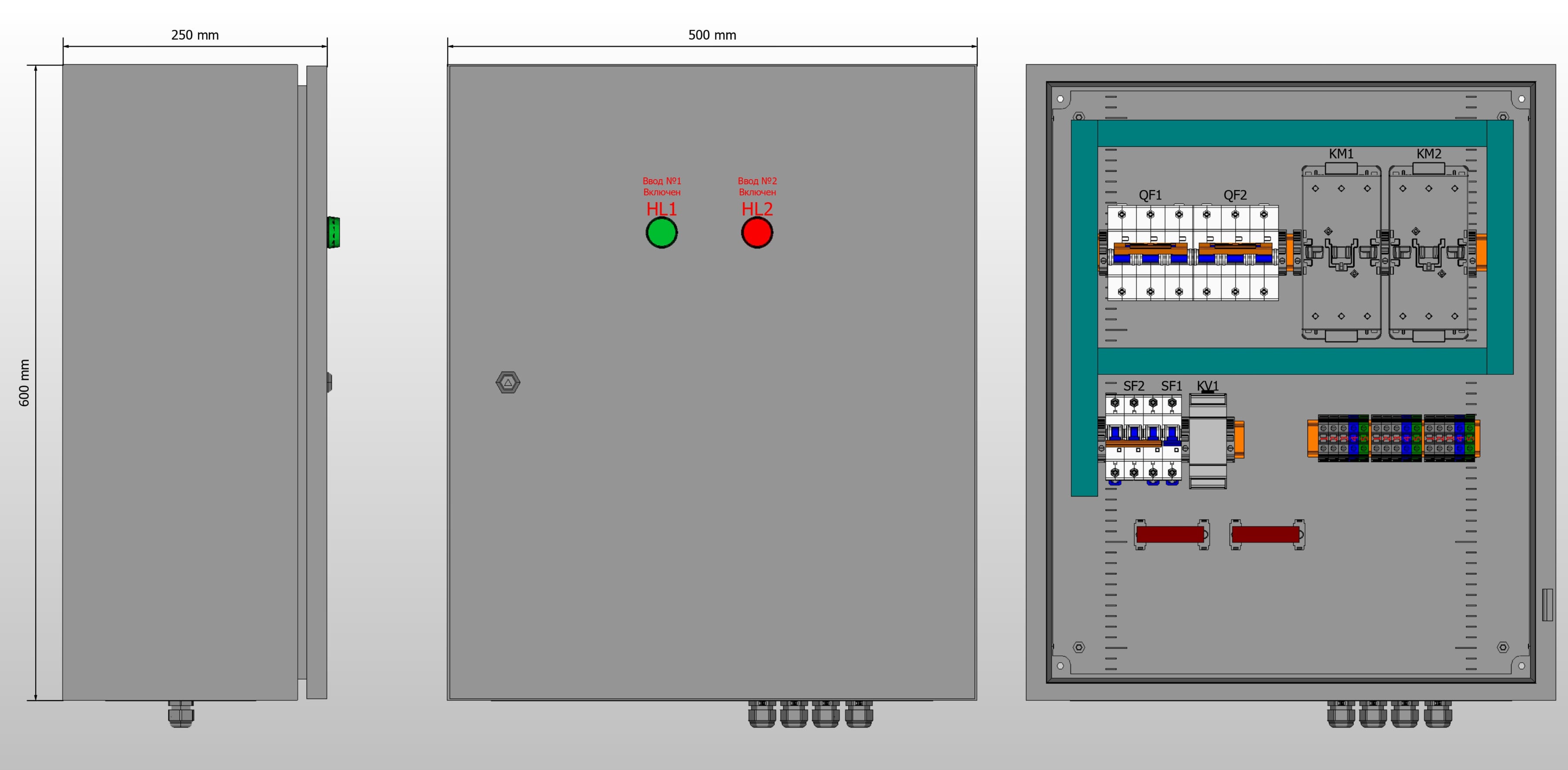 Габариты шкафа АВР на 80А, на контакторах КЭАЗ с 2 вводами